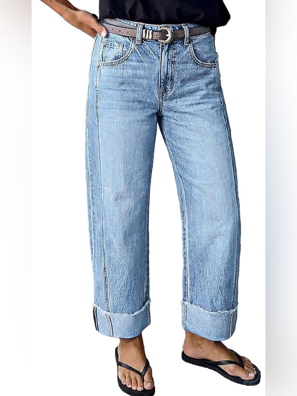 Flamingals Mid Rise Straight Leg Jeans for Women Wash Seam Front Roll Raw Hem